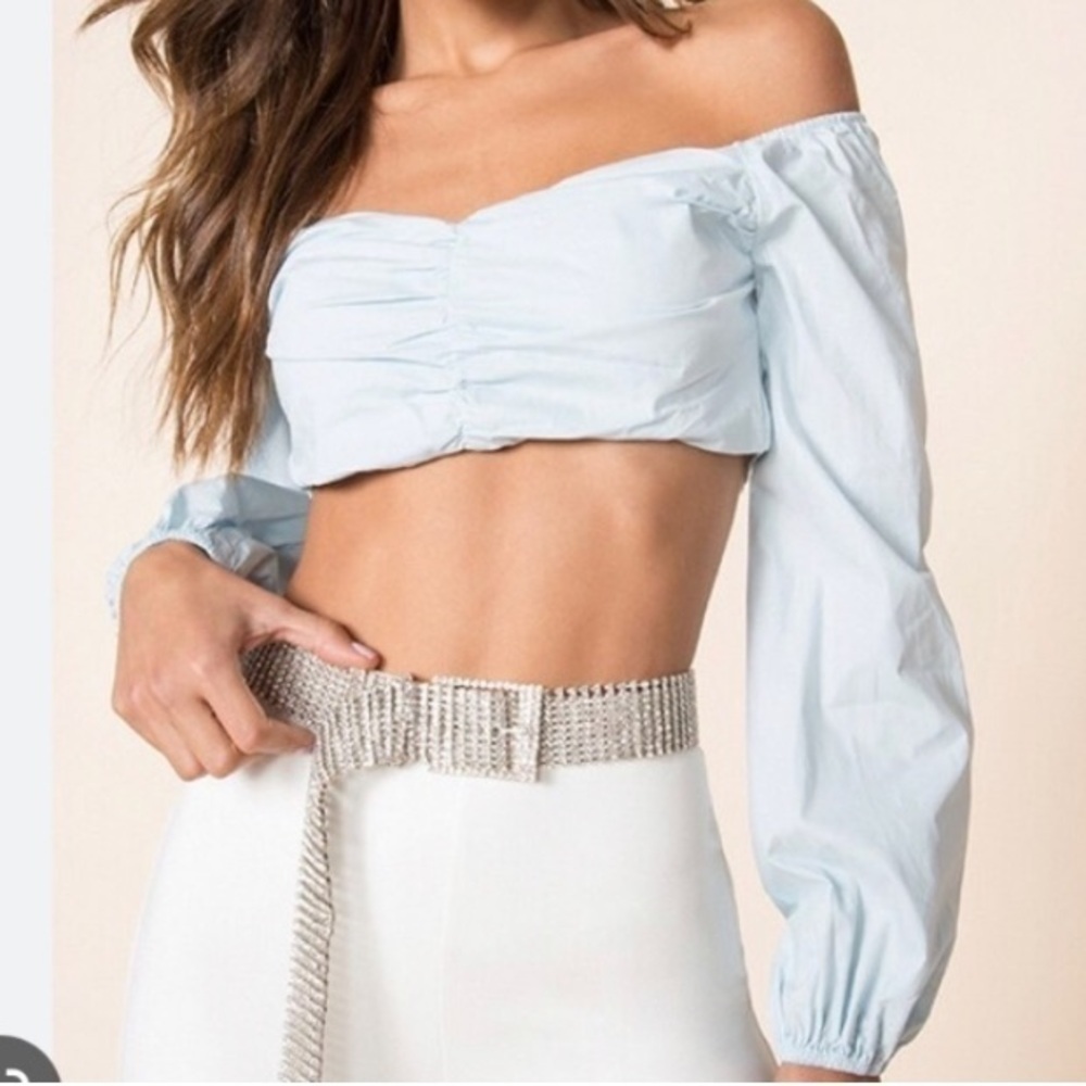 SUPERDOWN Macy off the shoulder long sleeve crop top blue
